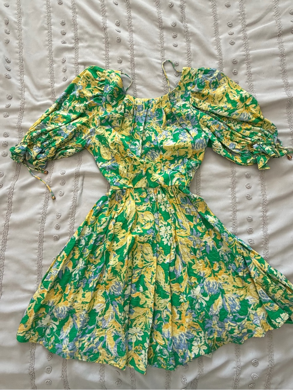 Floral Puff-Sleeve Mini Dress in Green & Yellow